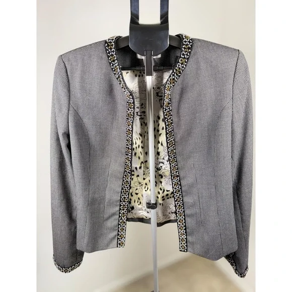 WD-Platinum Beaded Houndstooth Blazer Jacket Black White Size 12 Leopard Lining - Picture 6 of 8